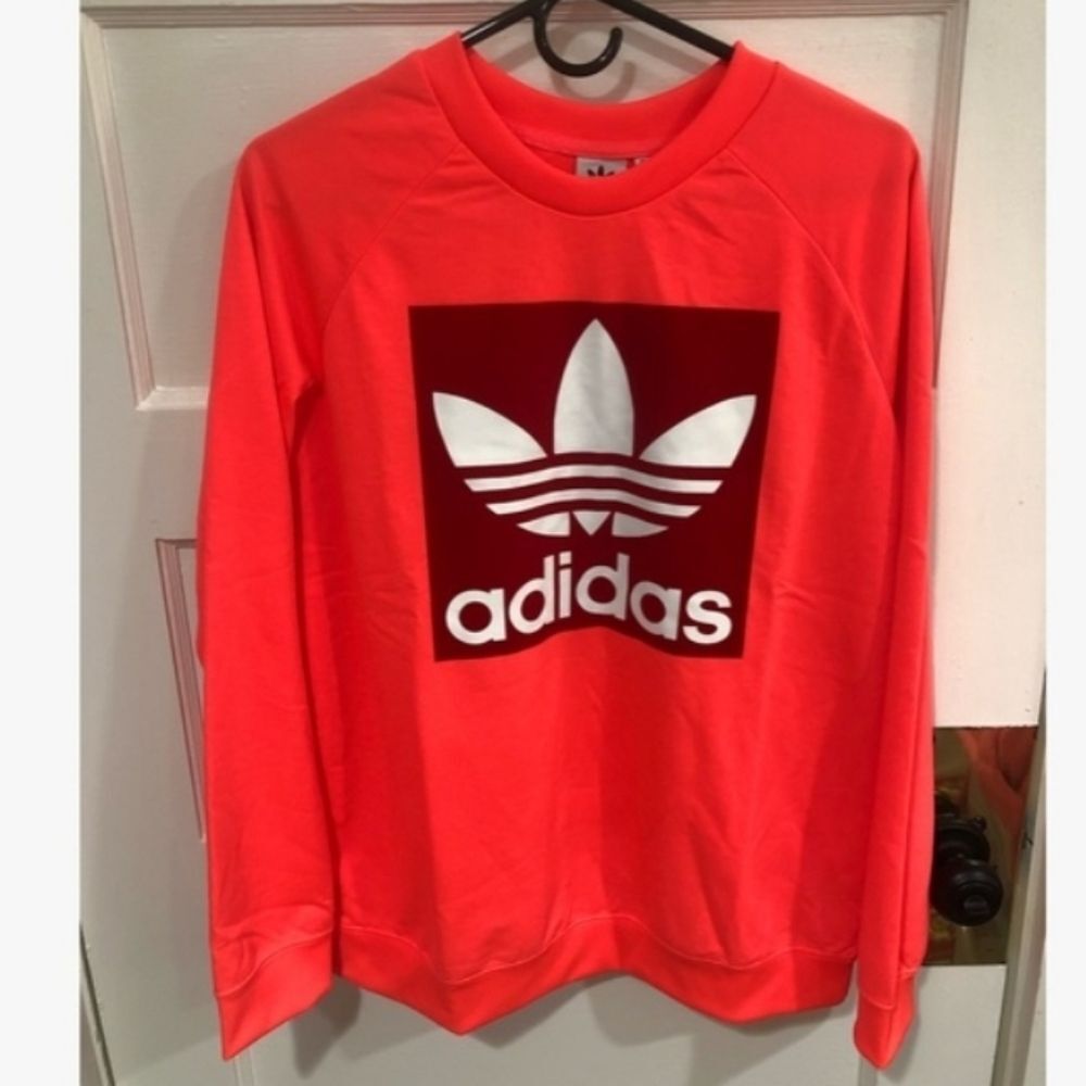 ADIDAS WOMENS TREFOIL CREW SWEATSHIRT FLARED sz S Neon And Red - Picture 2 of 16